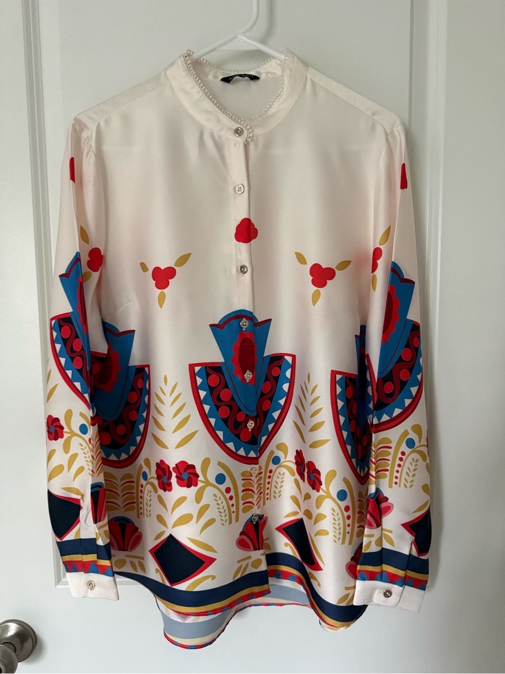 Cream Printed Long-Sleeve Silk Blouse